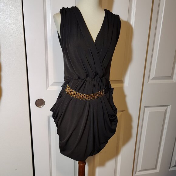 eVogues Plus Size Deep V-Neck Wrap Bodice Mini Dress Belted Black Asymmetrical - Picture 2 of 11
